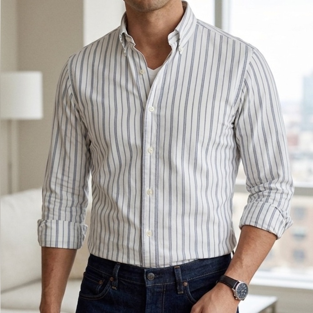 POLO RALPH LAUREN White Shirt with Gray Pinstripes. Size 12